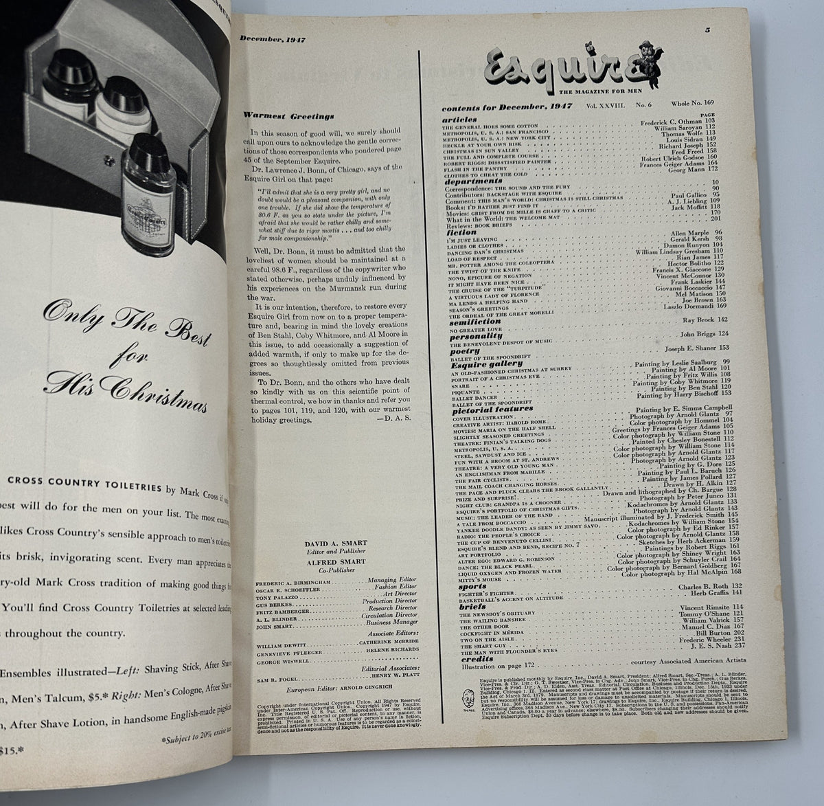 Inside page of Esquire Magazine December 1947 Christmas Issue with a warm greeting and table of contents.