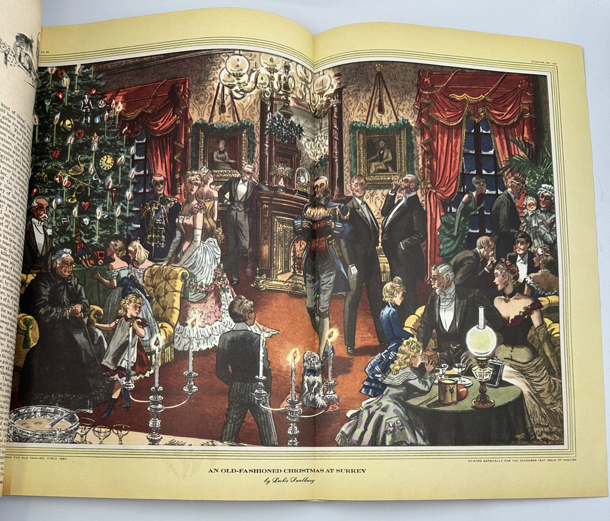 Foldout illustration from Esquire Magazine December 1947 Christmas Issue depicting an old-fashioned Christmas celebration.