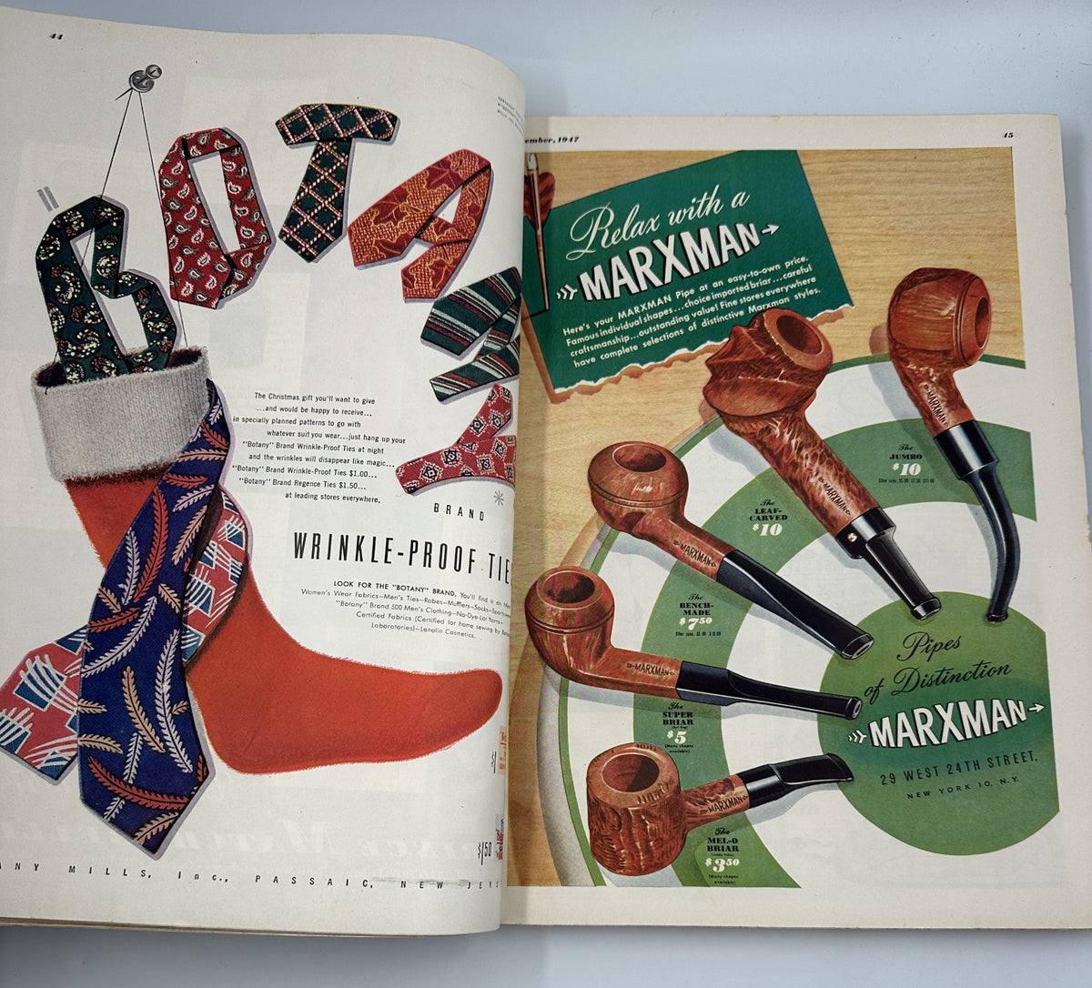 Advertisement page from Esquire Magazine December 1947 Christmas Issue featuring holiday gifts with a festive design.