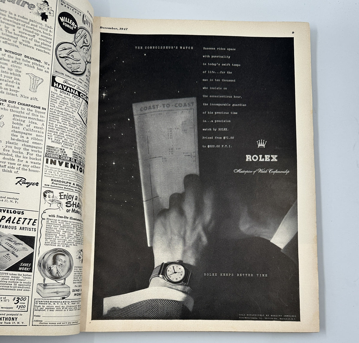 Advertisement for Rolex watches in Esquire Magazine December 1947 Christmas Issue, showcasing a sophisticated watch design.