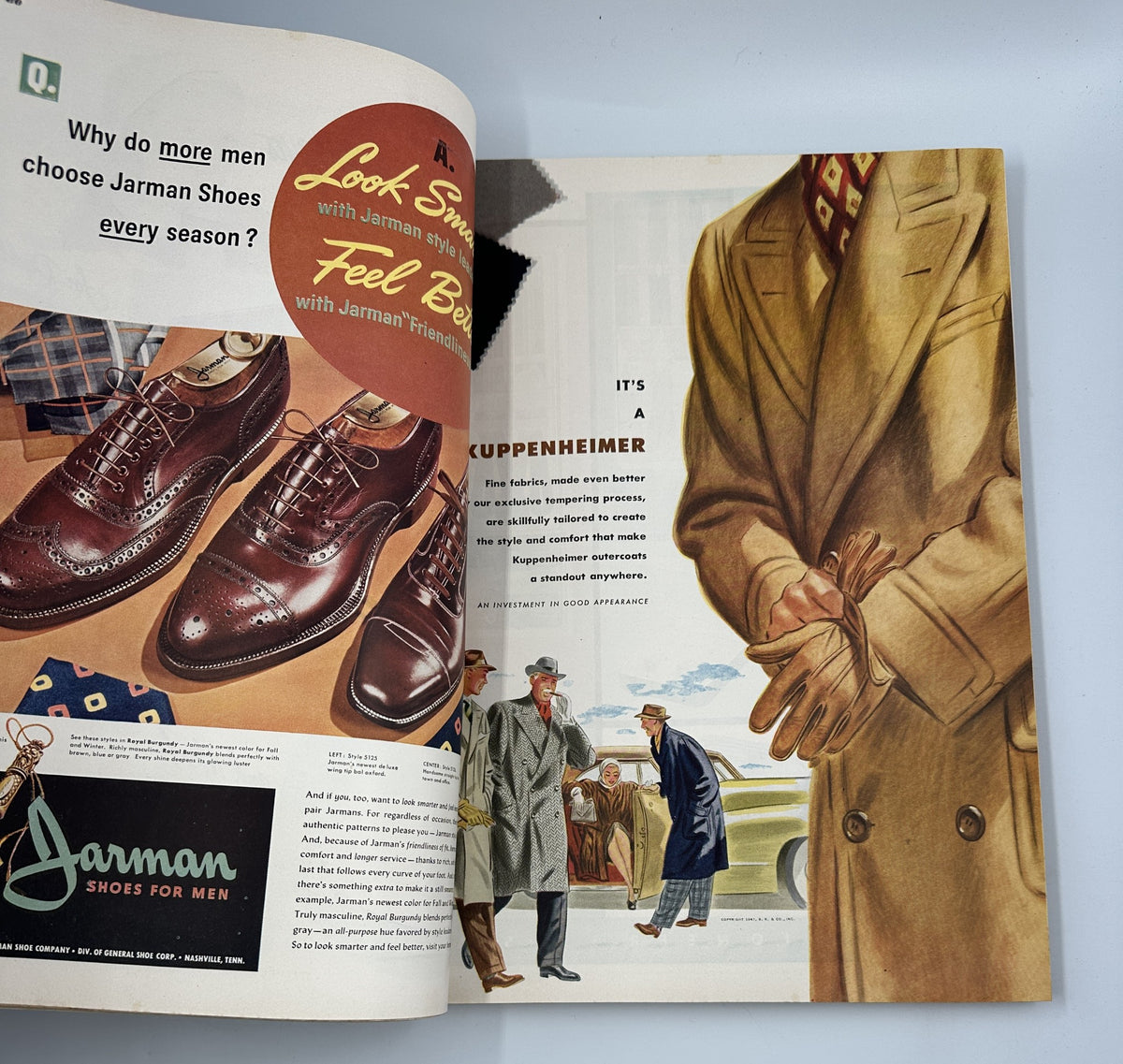 Inside spread of Esquire Magazine December 1947 Christmas Issue featuring an advertisement for Jarman Shoes, showcasing stylish footwear and men's fashion. The ad emphasizes comfort and authenticity in men's attire.