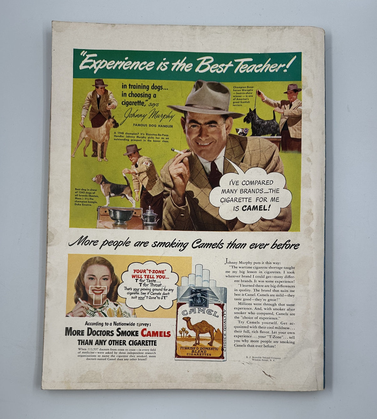 Back cover of Esquire Magazine December 1947 Christmas Issue with an advertisement for Camel cigarettes, highlighting the brand's popularity and the quote 'Experience is the Best Teacher!' by Johnny Murphy.