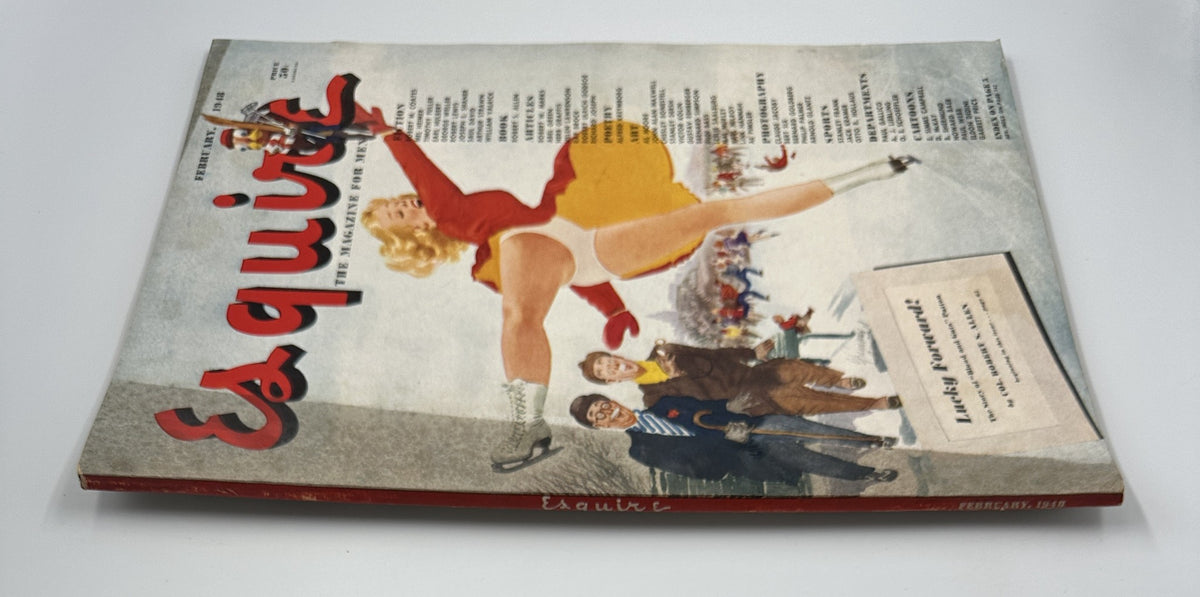 Another angle of the Esquire Magazine February 1948 cover with a skater in a red dress and 'Lucky Forward!' tagline, showcasing its iconic design.