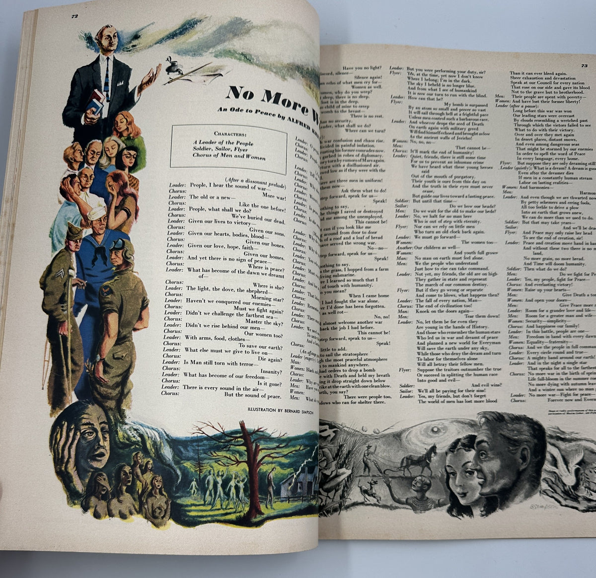 A page from Esquire Magazine February 1948, showing an illustration with a poem titled 'No More War', capturing the publication's blend of art and literature.