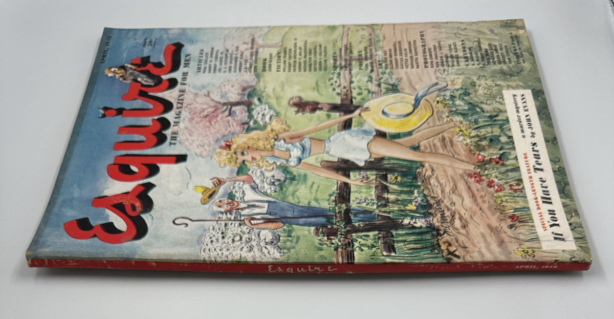 The April 1948 issue of Esquire Magazine displaying the cover art by B. Shermund, featuring a pinup girl amidst a scenic garden with humorous characters in the background.