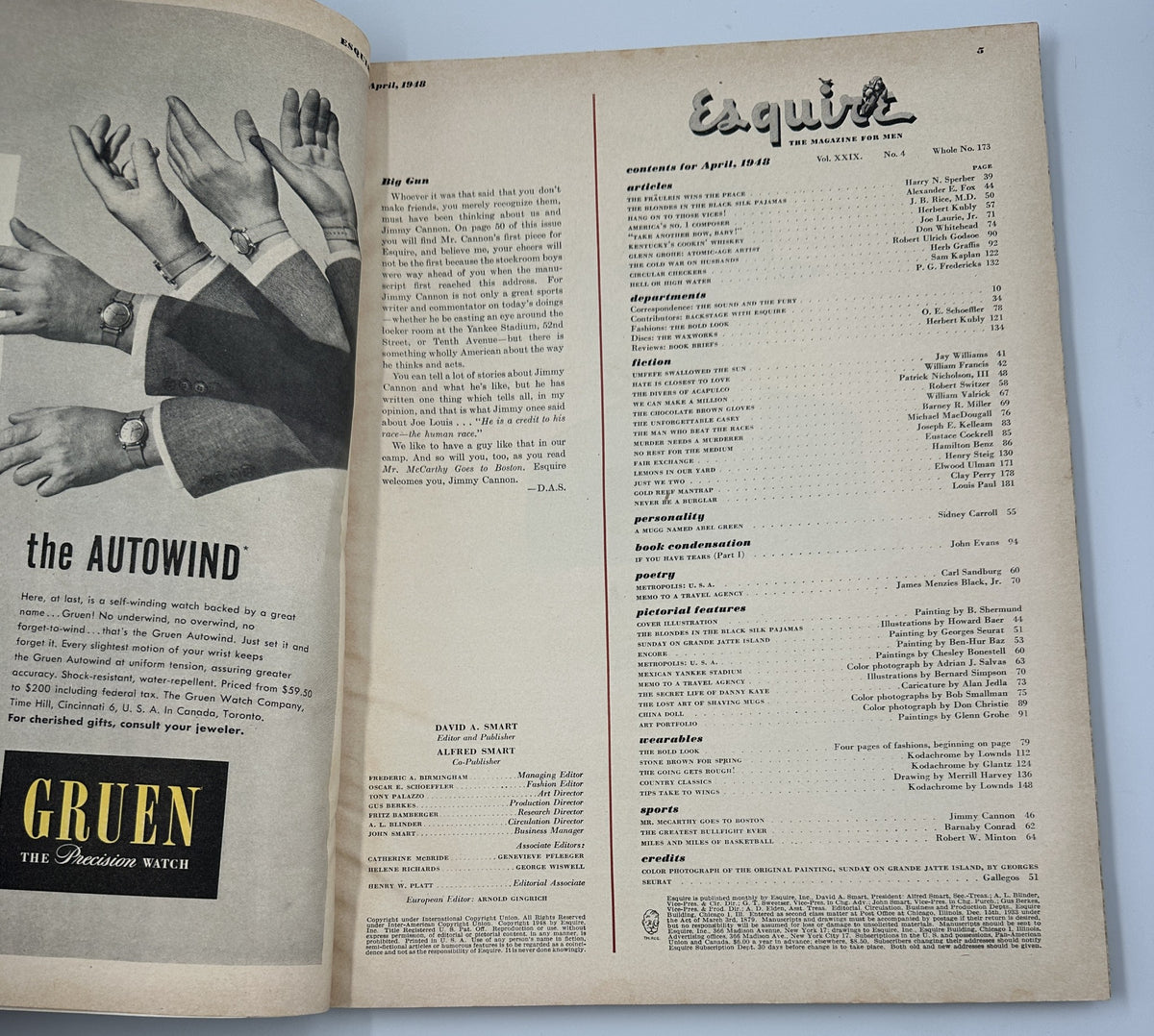 Interior page from the April 1948 Esquire Magazine listing articles and features, including an advertisement and table of contents, highlighting the magazine's content for that month.