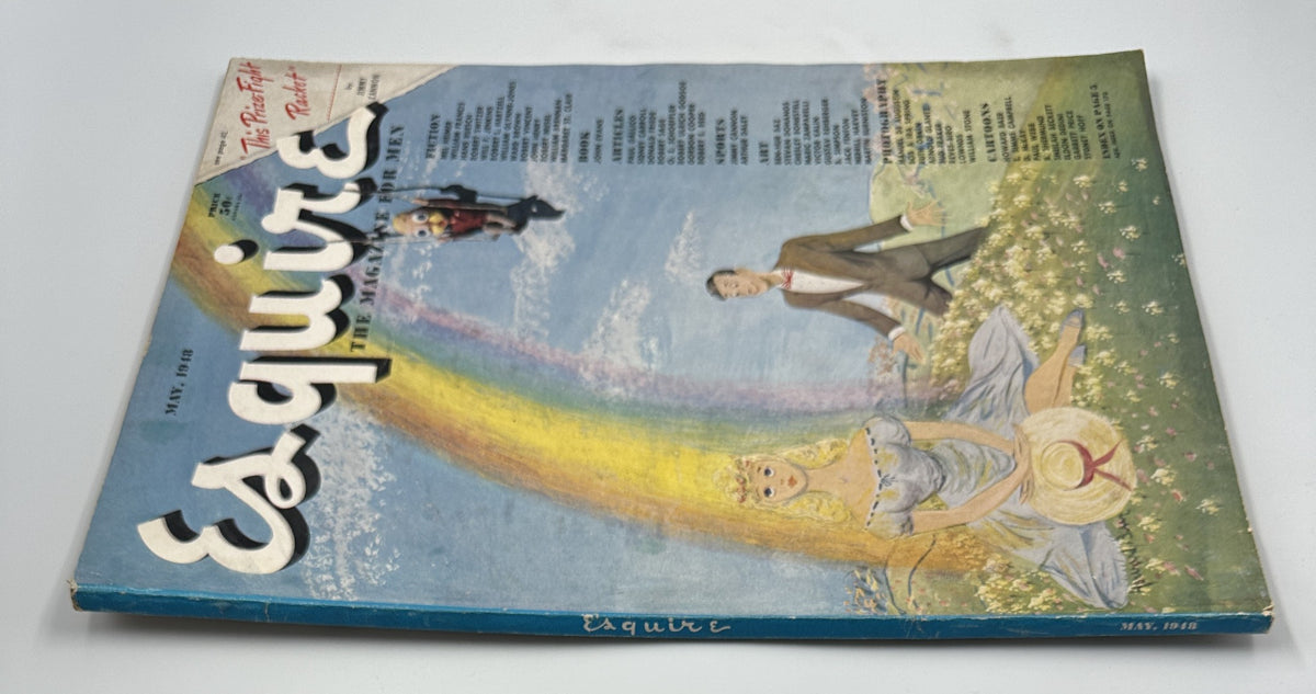 Side view of Esquire Magazine, May 1948 showing the vibrant cover art with a rainbow and characters, highlighting its condition and vintage charm.