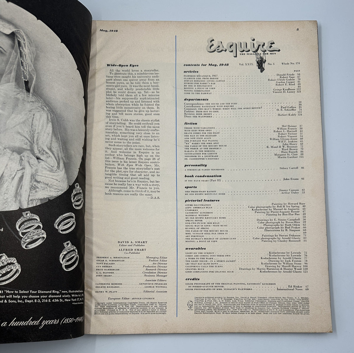 Esquire Magazine May 1948 table of contents with detailed articles, appearing in a vintage style. This issue features 'Material Witness' by Ben-Hur Baz.
