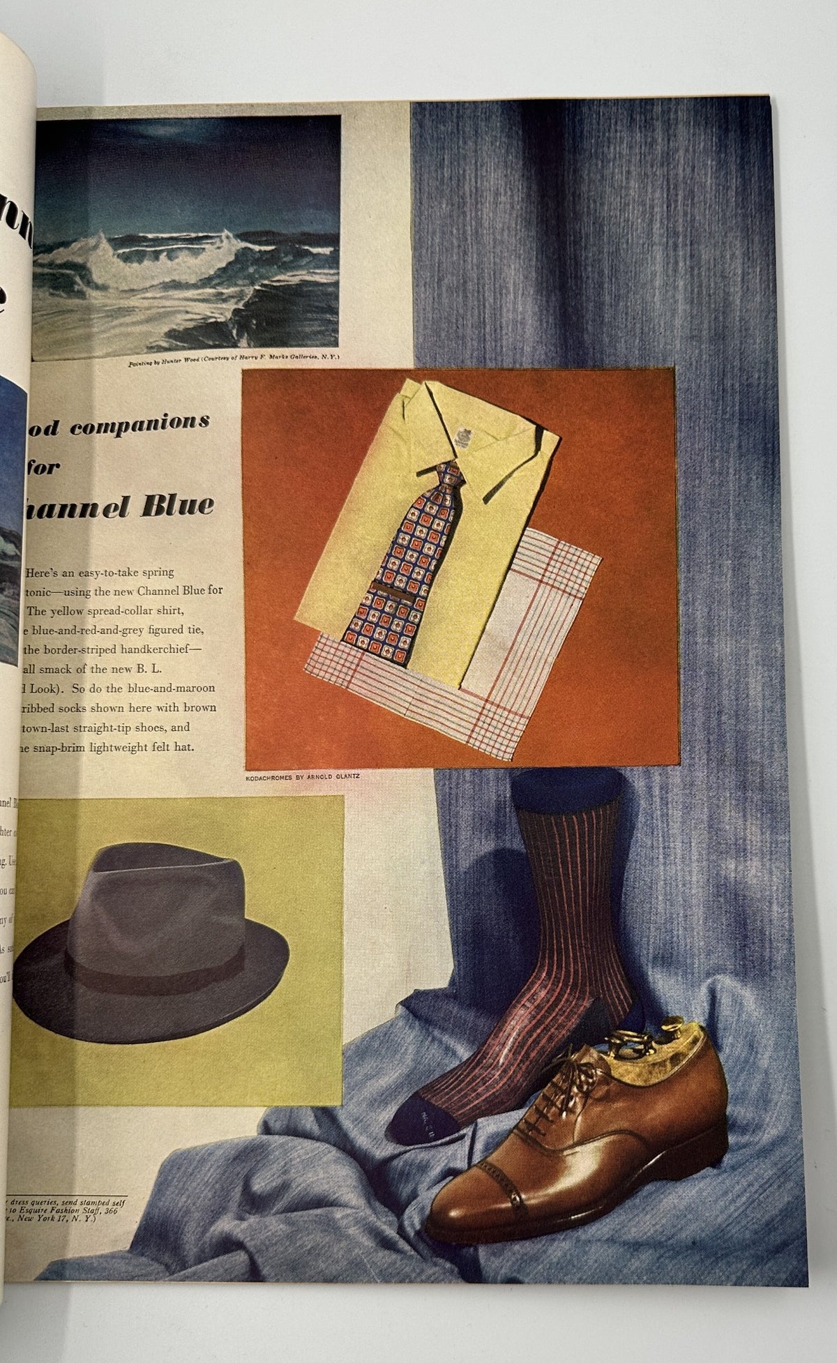 Esquire Magazine May 1948 fashion photography featuring stylish accessories including a hat, tie, wool socks, and dress shoes, emphasizing vintage menswear trends.