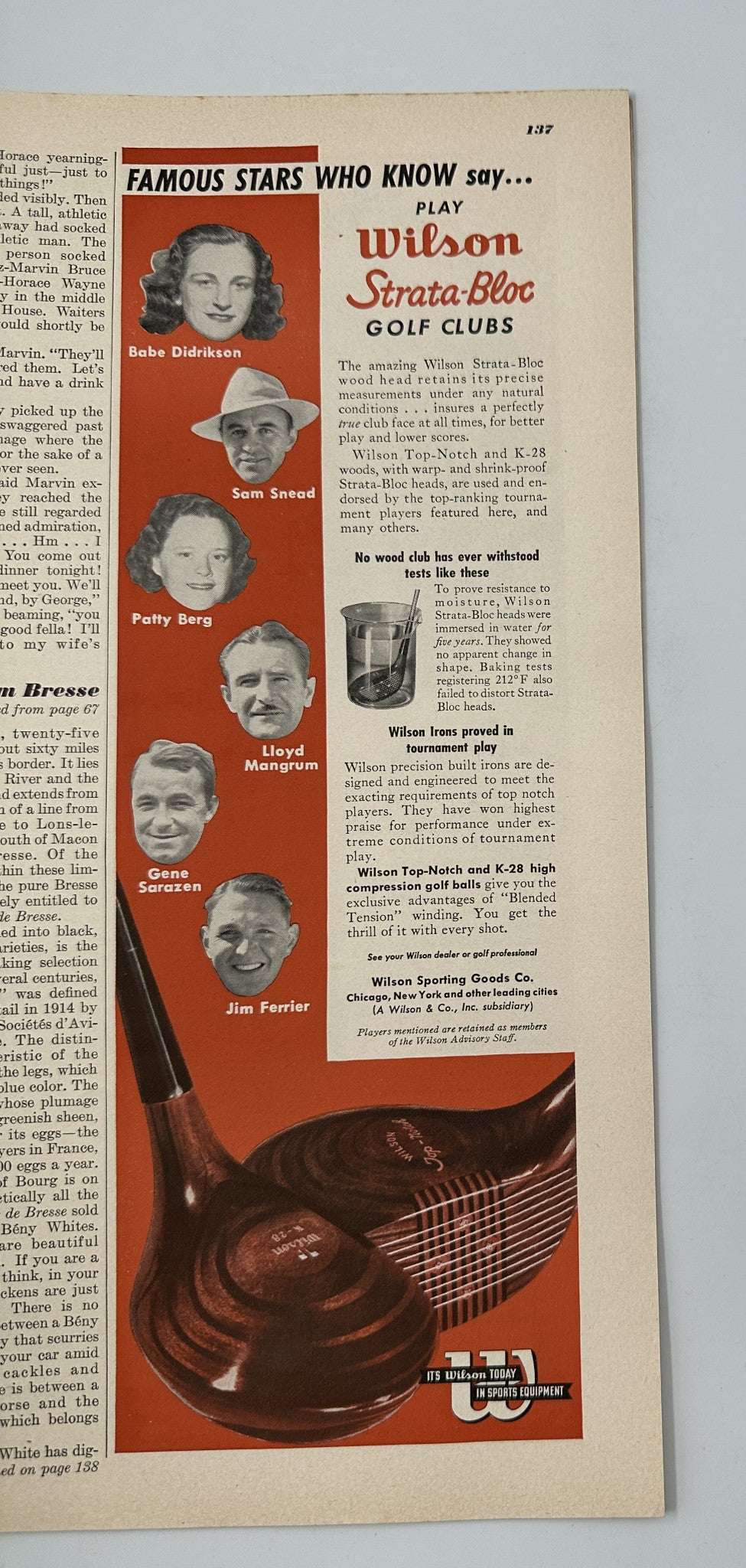 Esquire Magazine May 1948 advertisement for Wilson Strata-Bloc golf clubs, featuring famous athletes including Babe Didrikson and Sam Snead.