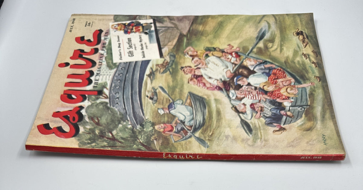 Esquire Magazine July 1948 cover showing a whimsical scene of children and adults in a boat, celebrating Father's Day, with the magazine title prominently displayed.