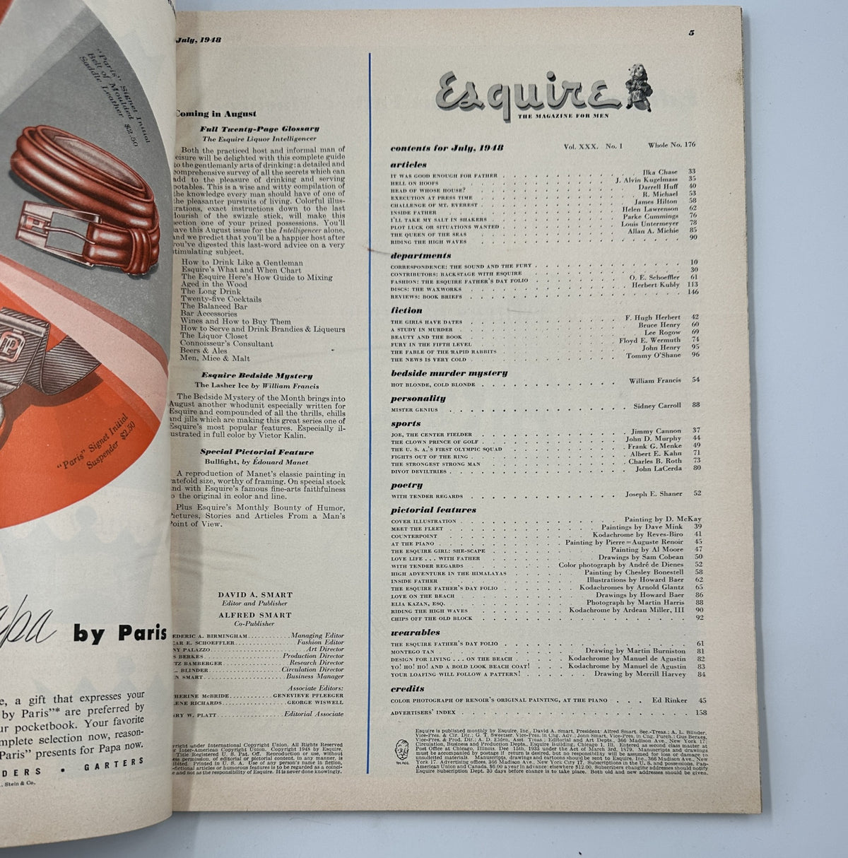 Inside page of Esquire Magazine July 1948 showcasing the table of contents, detailing articles and features included in this vintage issue.