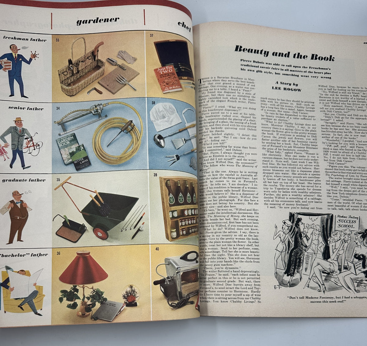 A page from Esquire Magazine July 1948 illustrating various gifts for different types of fathers alongside the article 'Beauty and the Book'.