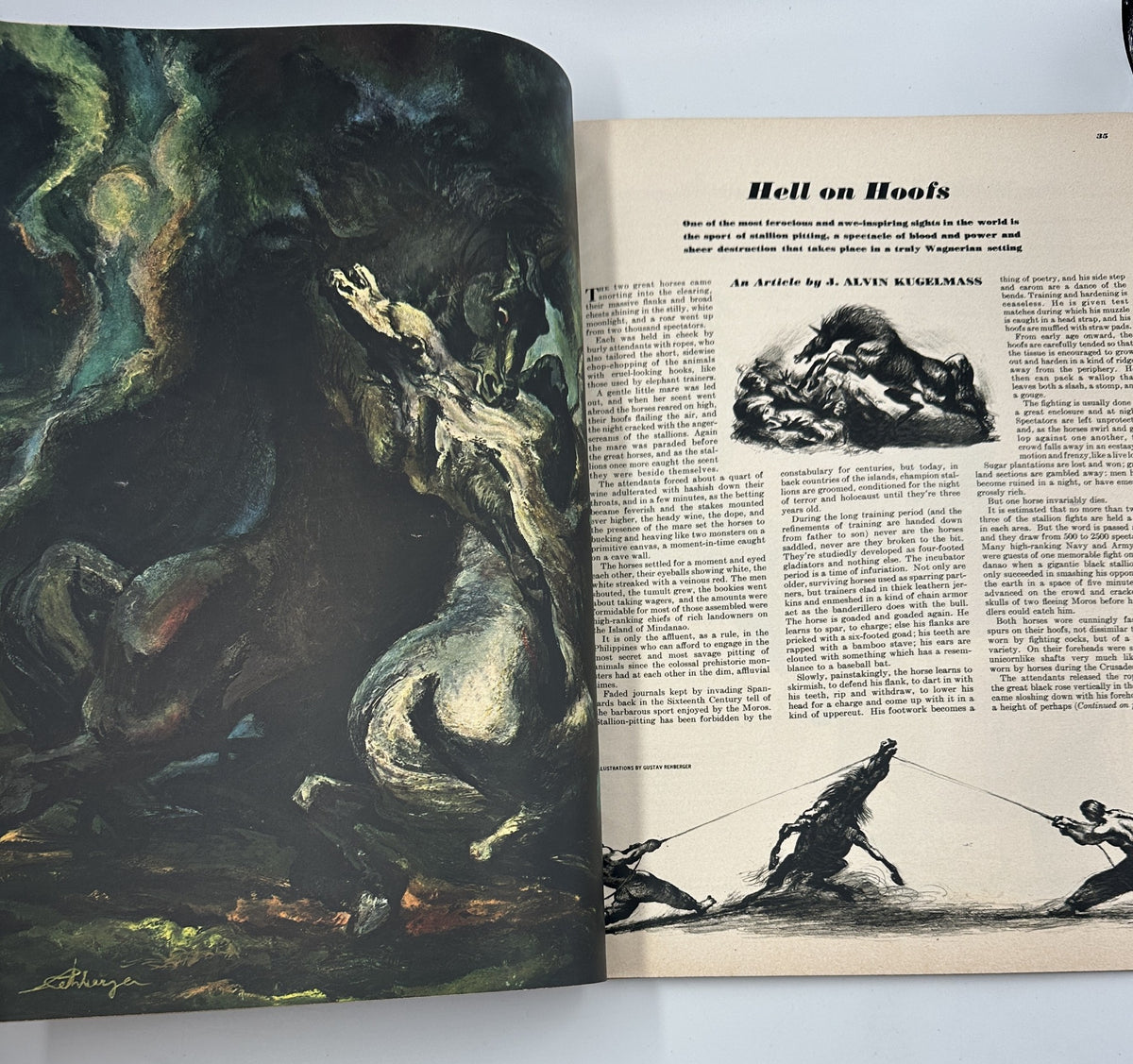 Illustration from Esquire Magazine July 1948 showcasing the article 'Hell on Hoops', featuring a dramatic painting of a horse and figures pulling it.