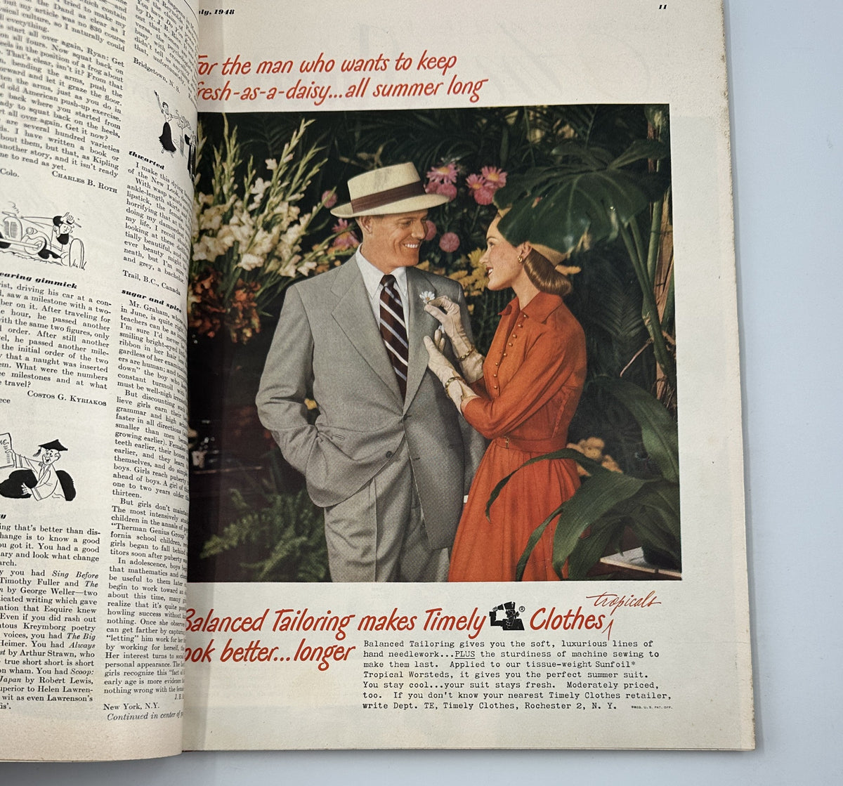A fashion advertisement from Esquire Magazine July 1948 depicting a stylish couple in formal wear surrounded by floral arrangements, emphasizing summer fashion.
