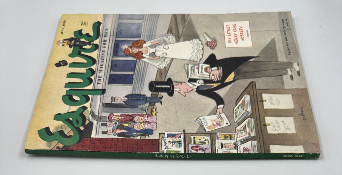 Esquire Magazine June 1948 cover showcasing a humorous scene with a bride and groom; the groom is perusing magazines with a backdrop of wedding-themed characters.