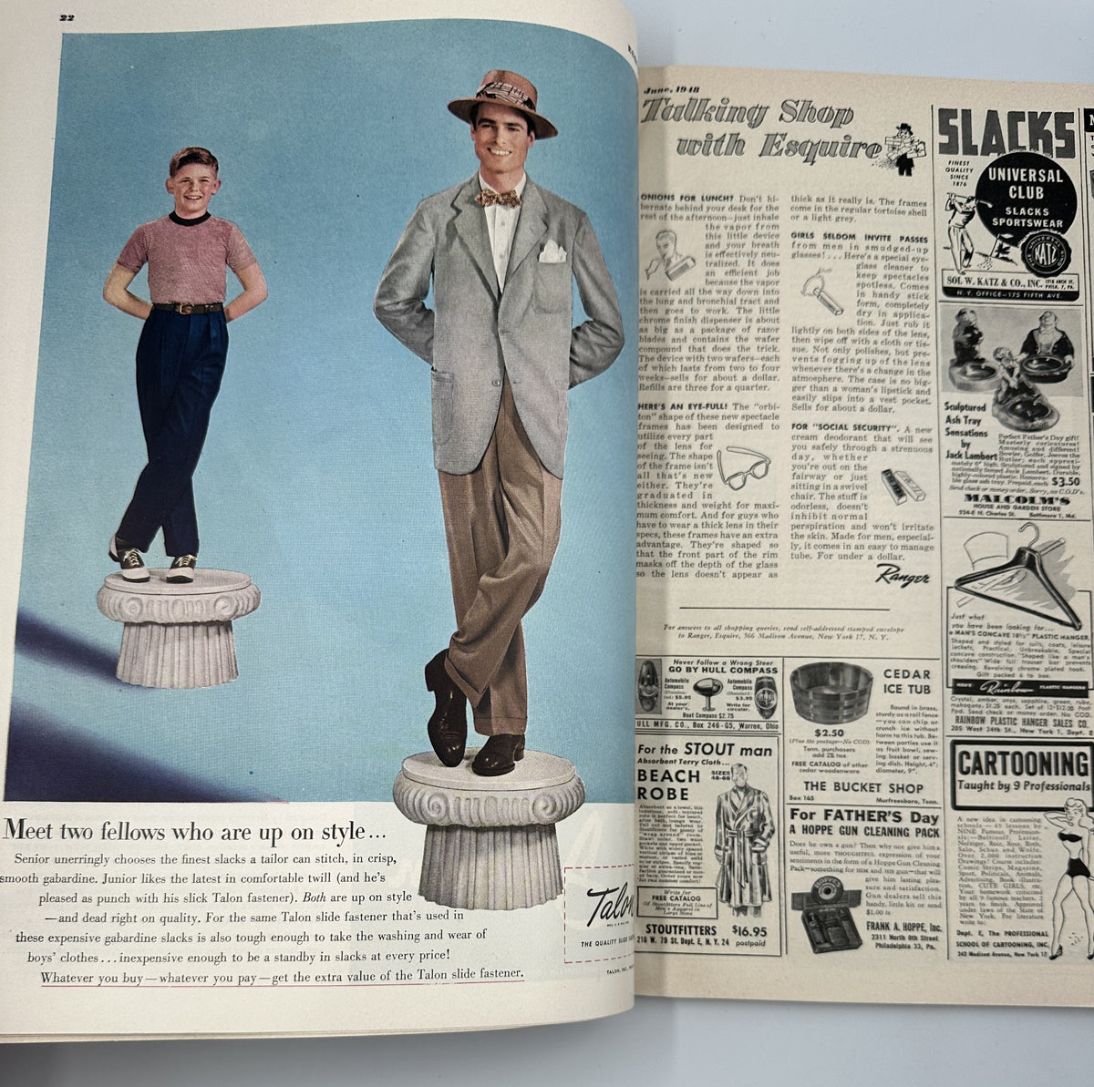 Interior page of Esquire Magazine June 1948 highlighting two fashionably dressed men with tips on style, accompanied by advertisements.