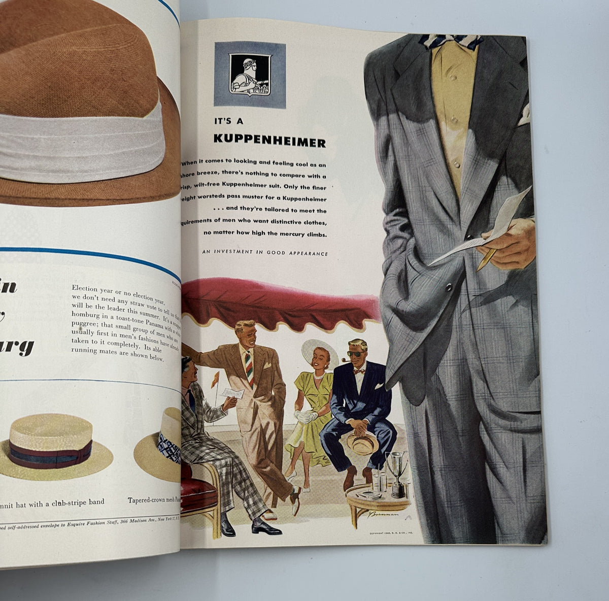 Esquire Magazine June 1948 showcasing an advertisement for Kuppenheimer suits featuring elegant menswear styles and accessories.