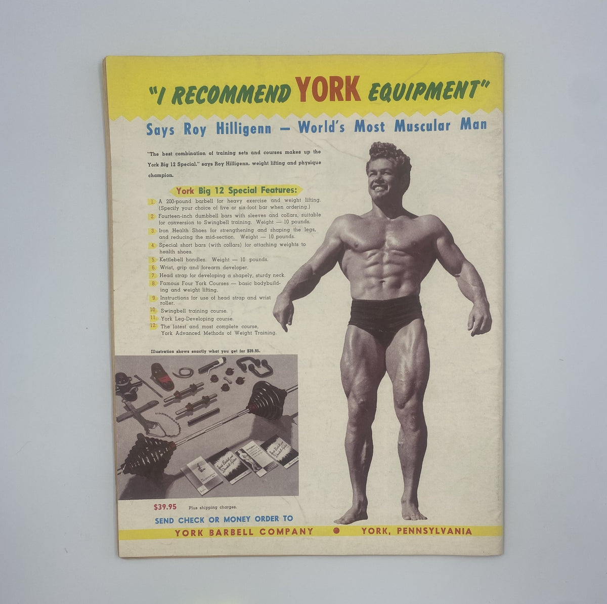 Strength and Health Magazine April 1954 featuring Bert Elliott on the cover, showcasing a muscular male figure. The magazine promotes weight training and highlights York equipment, appealing to fitness enthusiasts and collectors of vintage bodybuilding publications.