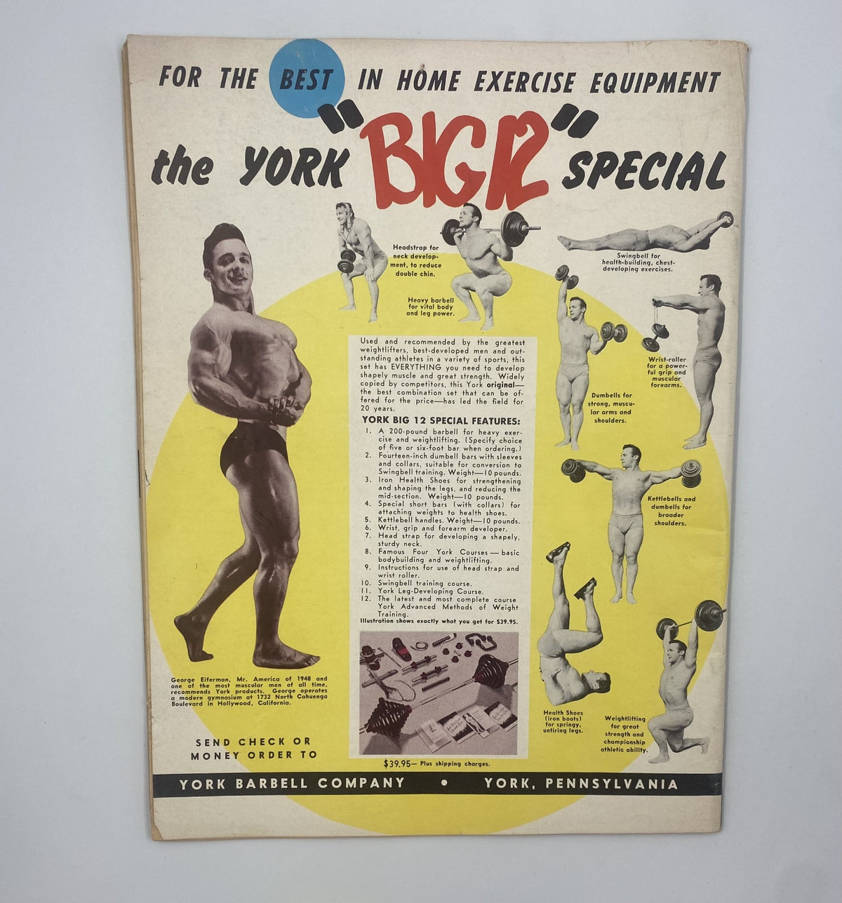 Advertisement page in Strength and Health Magazine February 1955 promoting the York 'BIG' Special home exercise equipment with illustrated exercises and demonstrations.