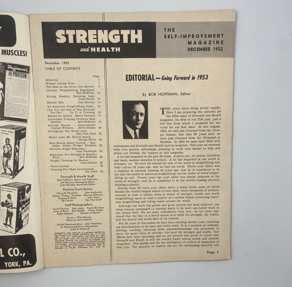 Editorial page from Strength and Health Magazine, December 1952, featuring an introduction by Bob Hoffman discussing the magazine's purpose and content.