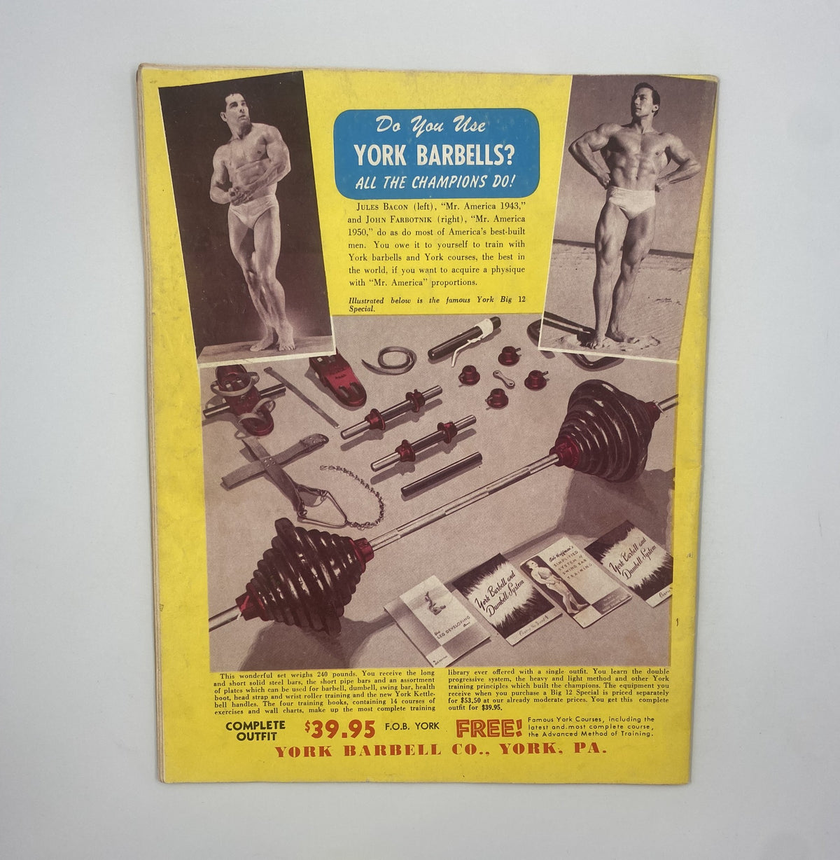 Back cover of Strength and Health Magazine, December 1952, promoting York Barbells with images of fitness equipment and bodybuilder models.