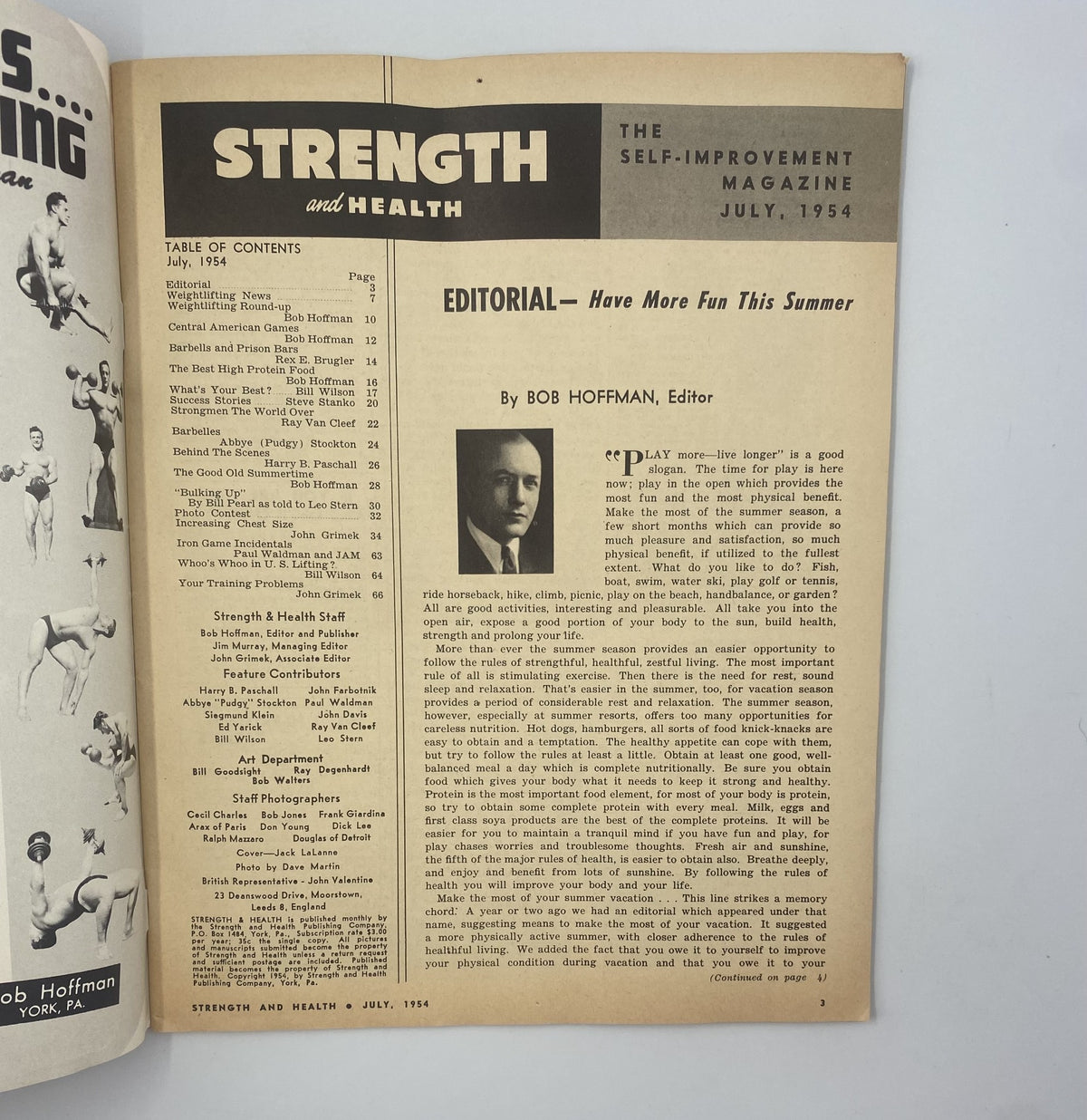 Inside page of Strength and Health Magazine July 1954 containing an editorial by Bob Hoffman, discussing summer fitness and health tips.