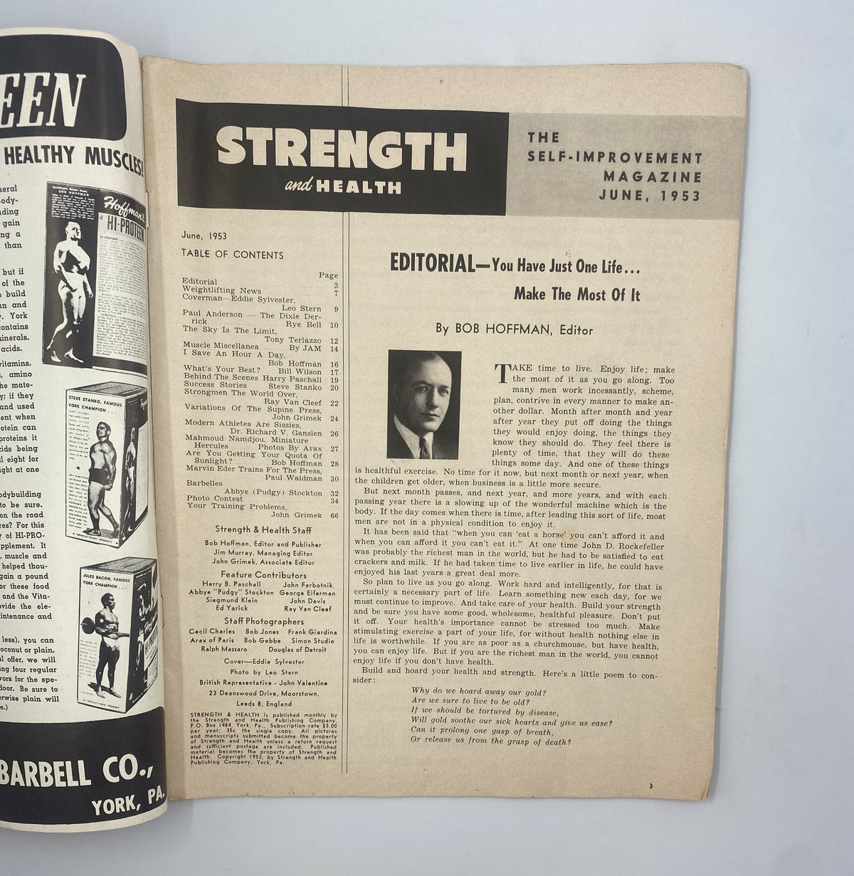 Inside page of Strength and Health Magazine, June 1953, containing the editorial section by Bob Hoffman discussing self-improvement.