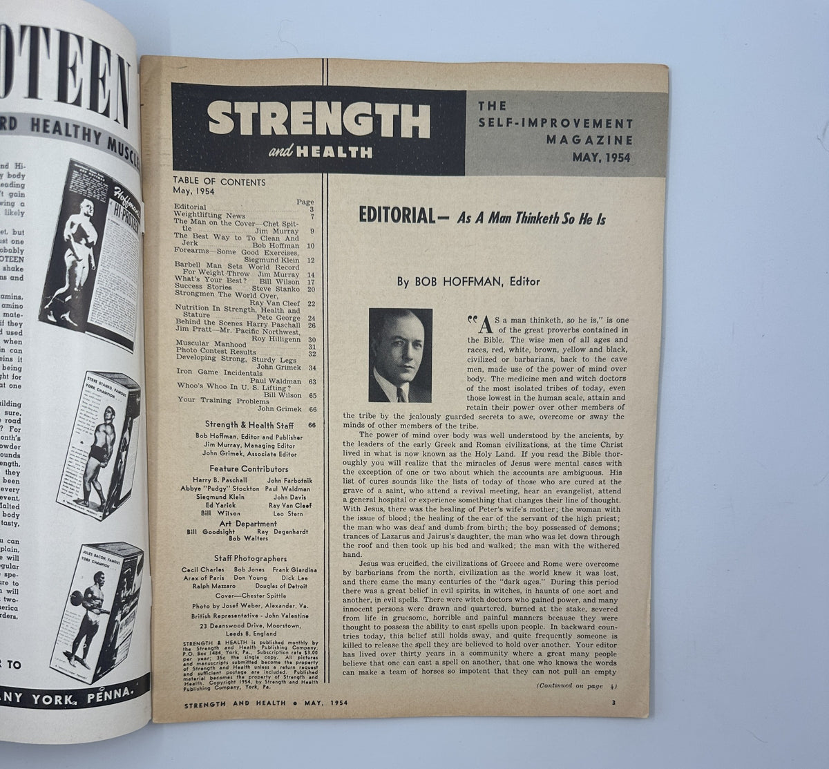 Interior page of Strength and Health Magazine May 1954 with an editorial by Bob Hoffman, including details of the Table of Contents and featuring text related to health, strength training, and self-improvement.