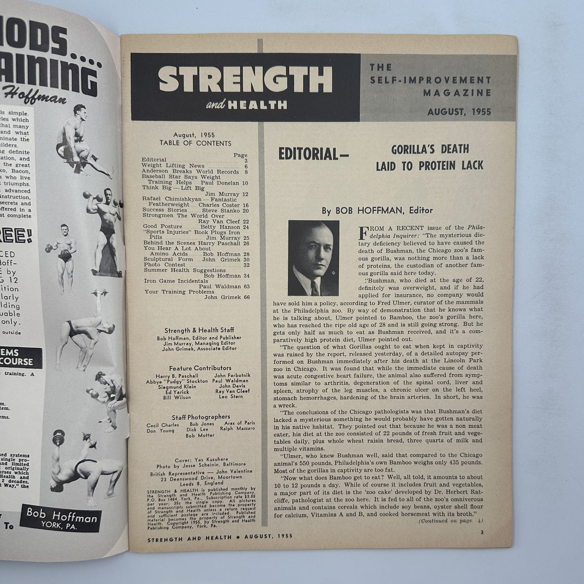 Inside page of Strength and Health Magazine, August 1955, showing the Table of Contents with editorial notes by Bob Hoffman, focusing on weightlifting and fitness topics.