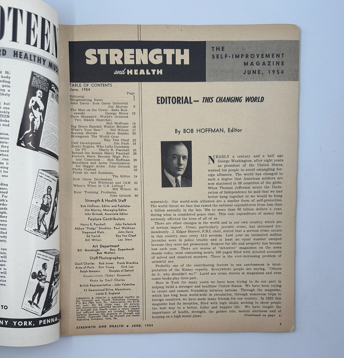 Editorial page of Strength and Health Magazine June 1954, featuring the title, Table of Contents, and an article by Bob Hoffman. This self-improvement magazine discusses fitness and bodybuilding.