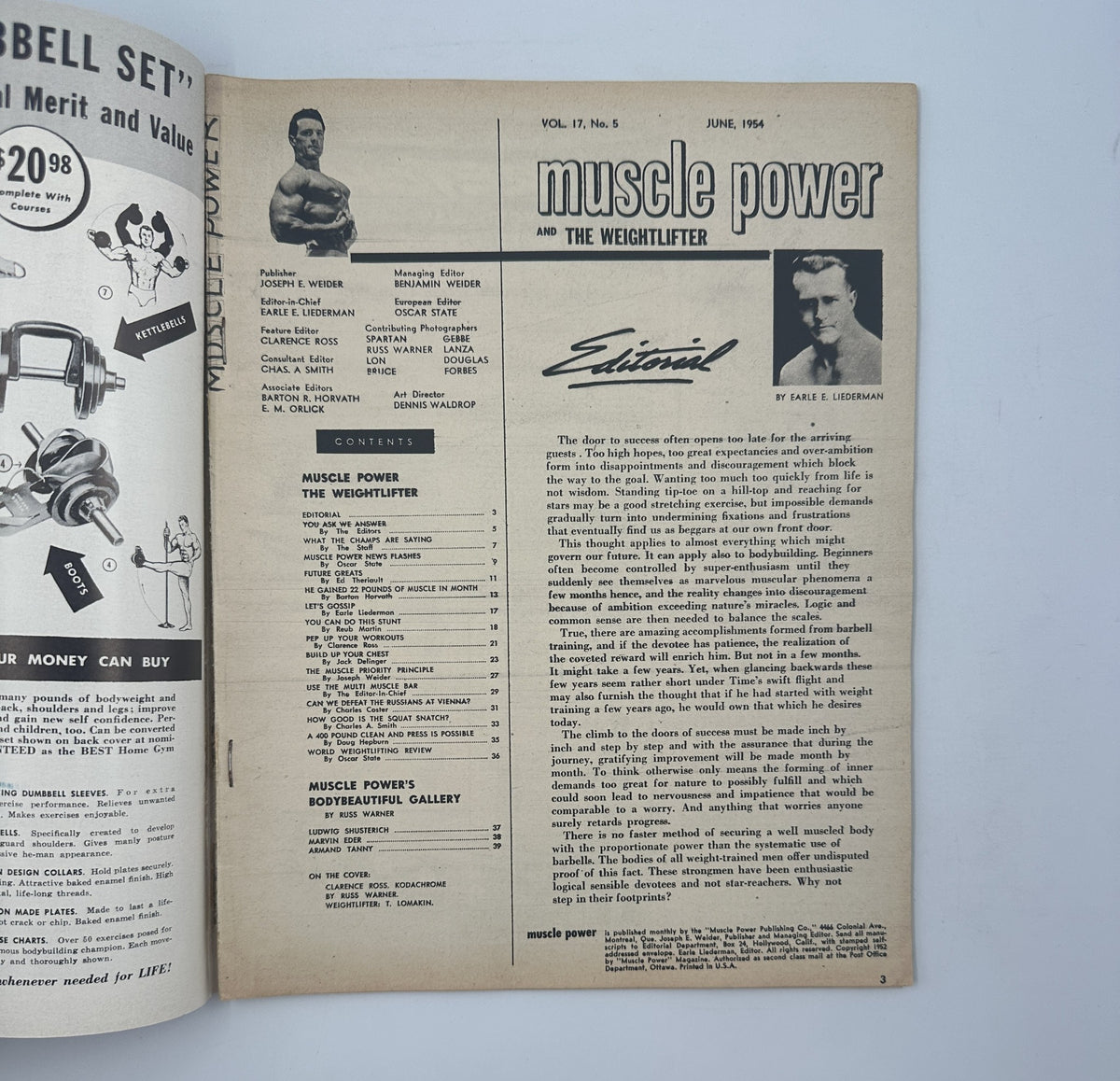 Inside page of Muscle Power Magazine, June 1954, showcasing the editorial section and contents related to bodybuilding and weightlifting.
