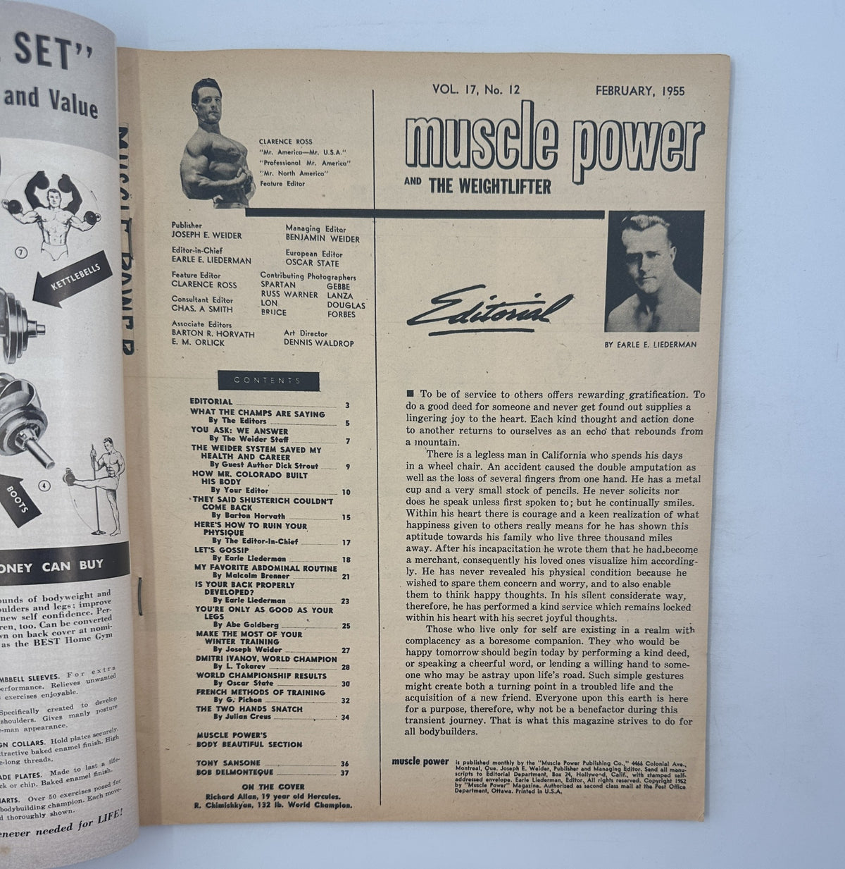 Editorial page of Muscle Power Magazine from February 1955 featuring Richard Allen, highlighting fitness and weightlifting methods.