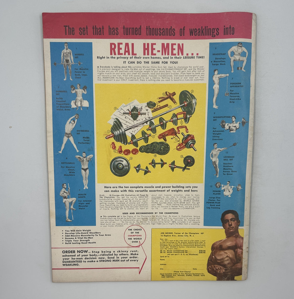 Back cover of Muscle Power Magazine February 1955 promoting bodybuilding equipment and training programs for strength and fitness.