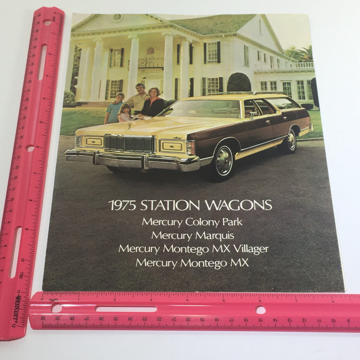 1975 Mercury Station Wagons Colony Park MX Villager Dealership Car Auto Brochure highlighting the promotional imagery of the Mercury Colony Park and Marquis alongside a family, emphasizing the luxury and spaciousness of these vintage station wagons.