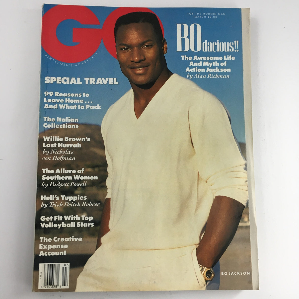 Cover of GQ Magazine from August 1988 featuring Bo Jackson, titled 'The Awesome Life and Myth of Action Jackson'. The magazine showcases Bo Jackson in a white outfit, highlighting his dual-sport athletic prowess.