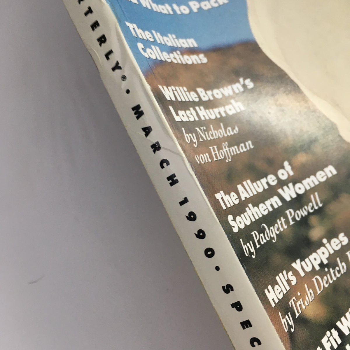 Close-up view of the side of the GQ Magazine from August 1988, focusing on text that includes articles featured in the issue, emphasizing Bo Jackson's iconic status in sports.
