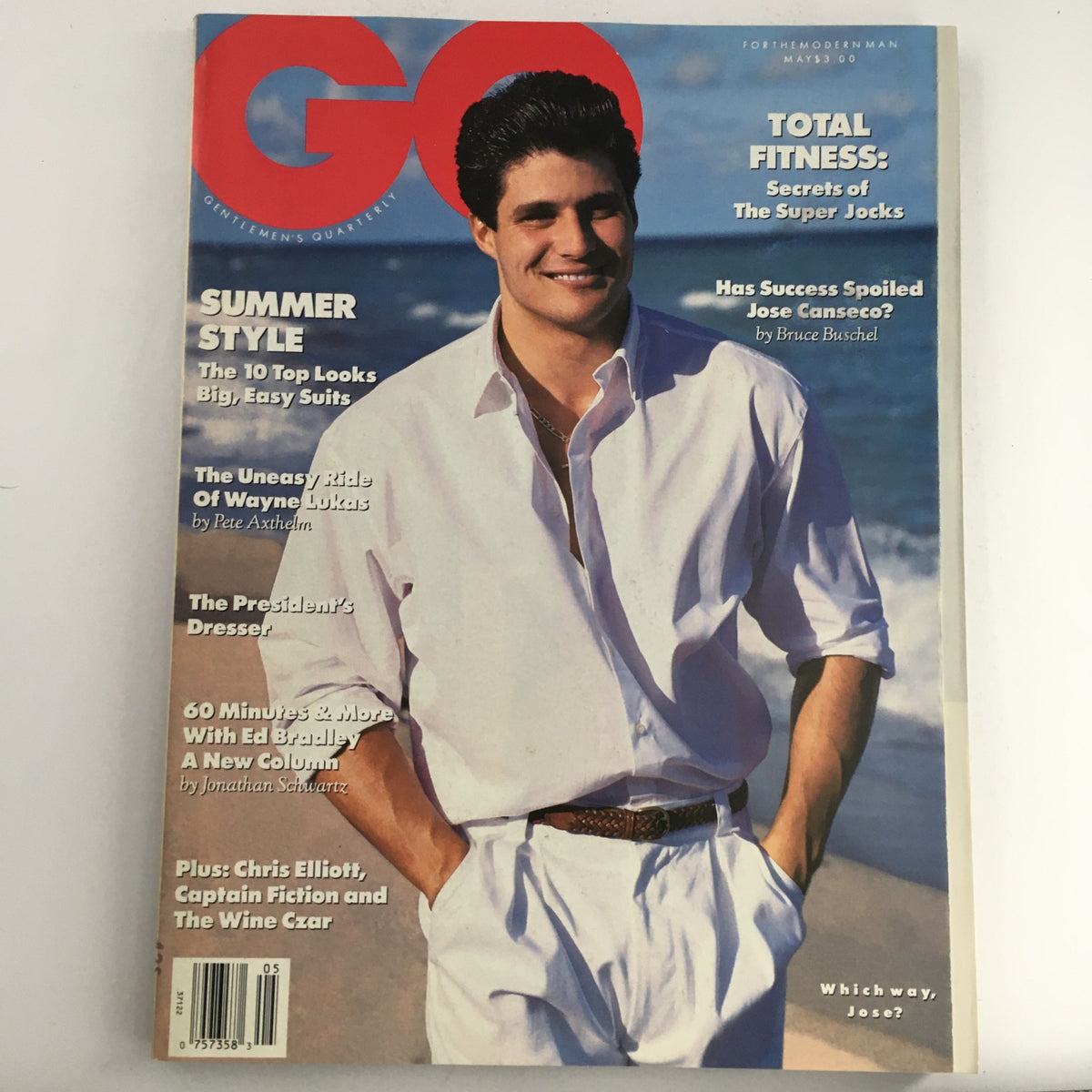 GQ Magazine May 1989 cover featuring articles on Jose Canseco and Chris Elliott, showcasing summer style and pop culture insights.