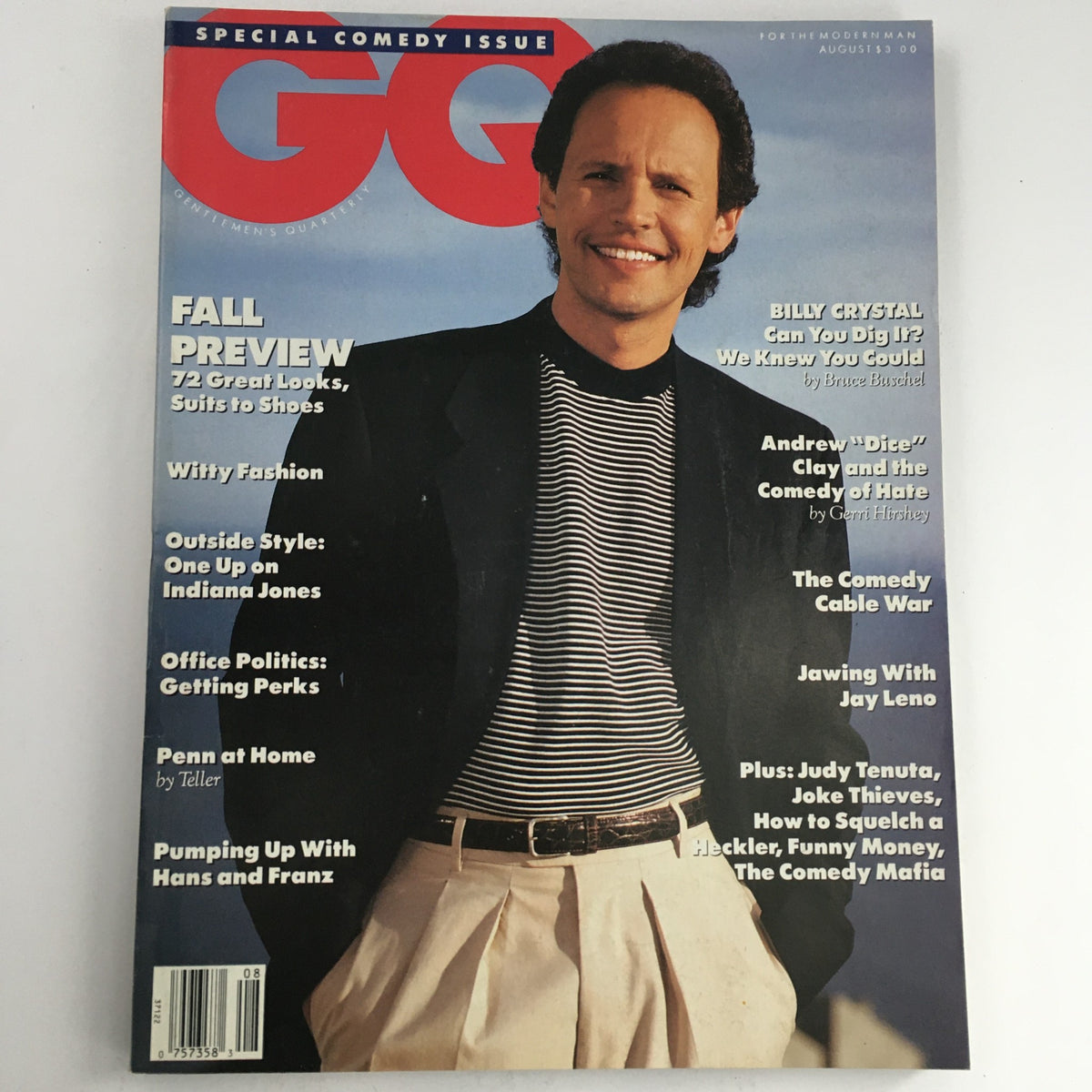 Cover of GQ Magazine August 1989 featuring Billy Crystal, highlighting a special comedy issue with articles on Jay Leno, Andrew Clay, and fashion trends.