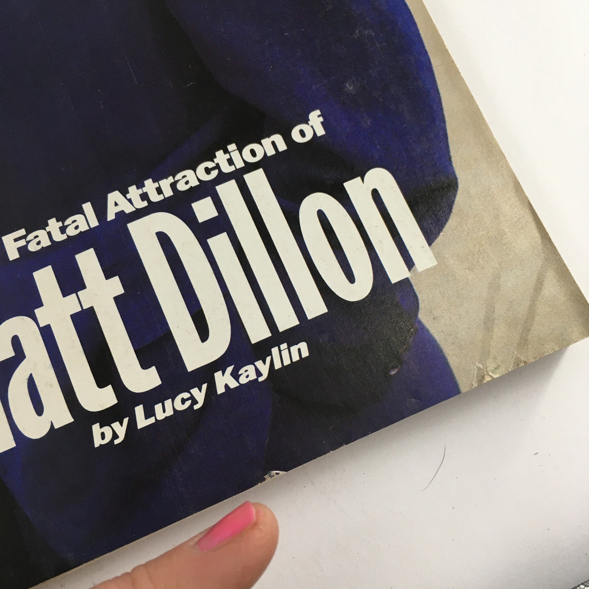 Detail of the GQ Magazine cover from April 1991 featuring the title 'The Fatal Attraction of Matt Dillon' by Lucy Kaylin.