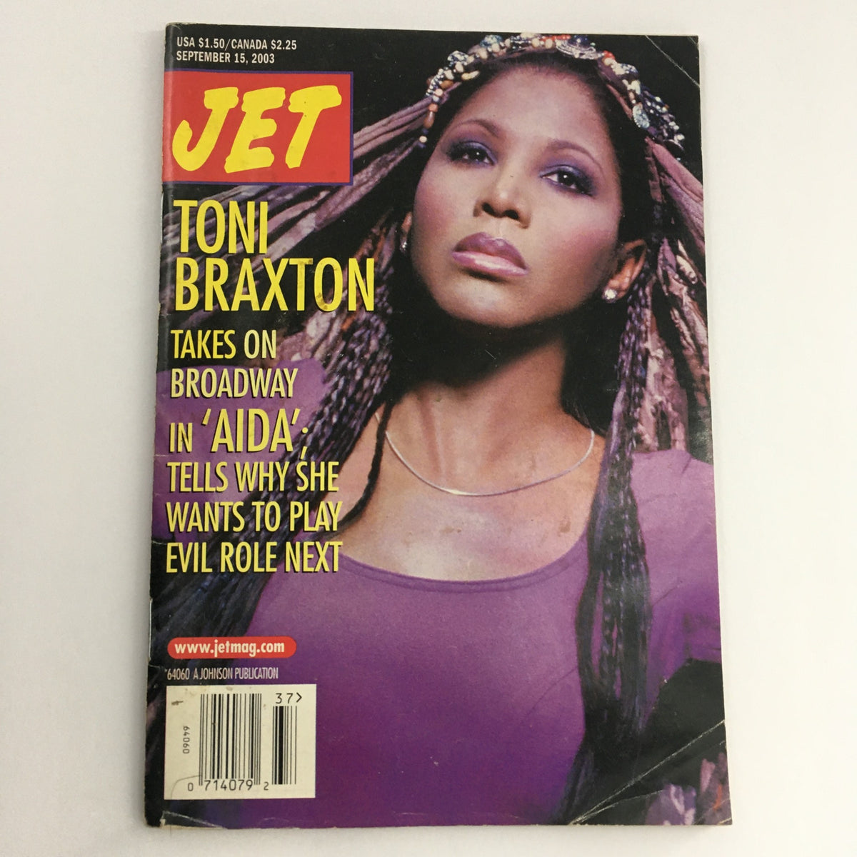 Jet Magazine cover from September 15, 2003 featuring Toni Braxton, highlighting her role in Broadway's 'Aida' and discussing her aspirations for a future evil role.
