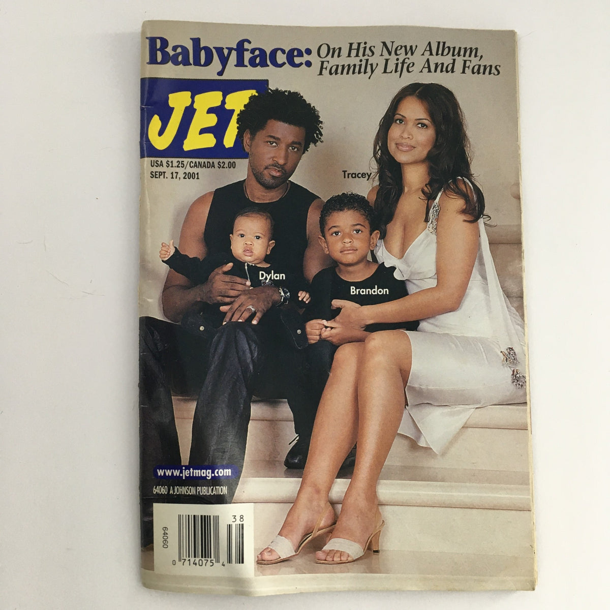Cover of Jet Magazine September 17 2001 featuring Babyface with his family including Tracey, Dylan, and Brandon. This issue showcases Babyface discussing his new album and family life.