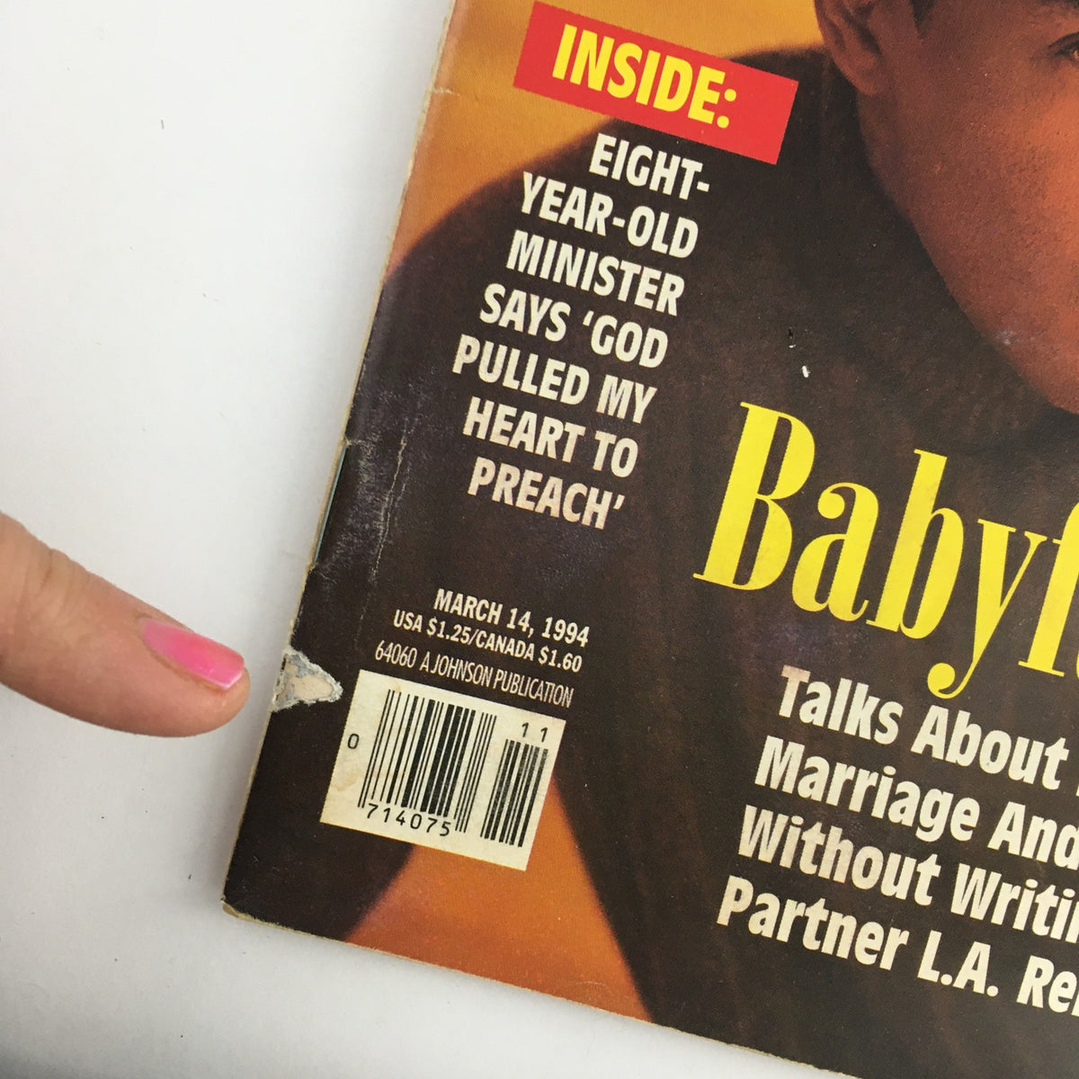 Close-up of the Jet Magazine March 14 1994, highlighting key features such as Babyface's interview about his new marriage and the mention of an eight-year-old minister.
