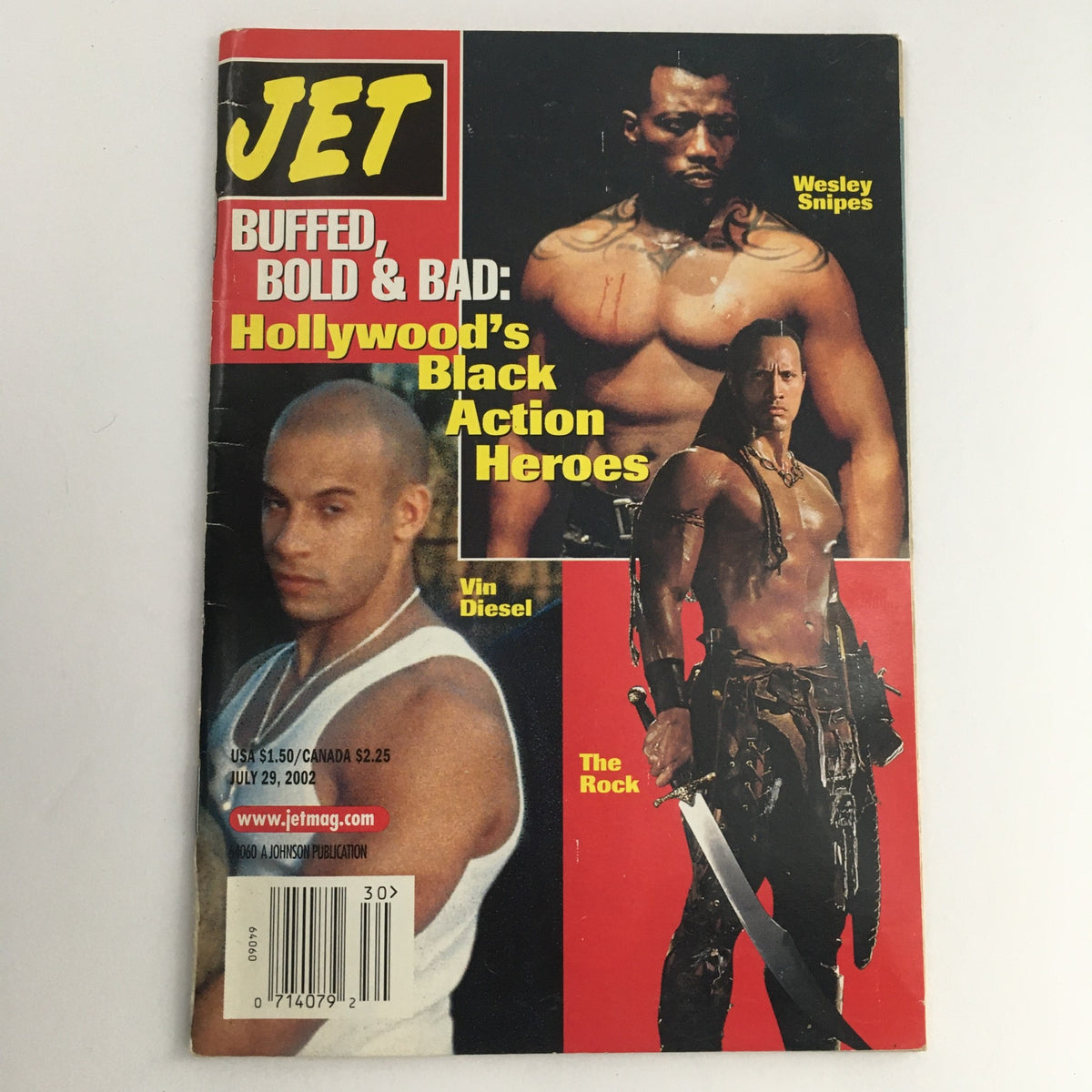 Jet Magazine cover from July 29, 2002 featuring Vin Diesel, Wesley Snipes, and Dwayne 'The Rock' Johnson. The cover showcases the theme 'Buffed, Bold & Bad: Hollywood's Black Action Heroes' highlighting these iconic actors.