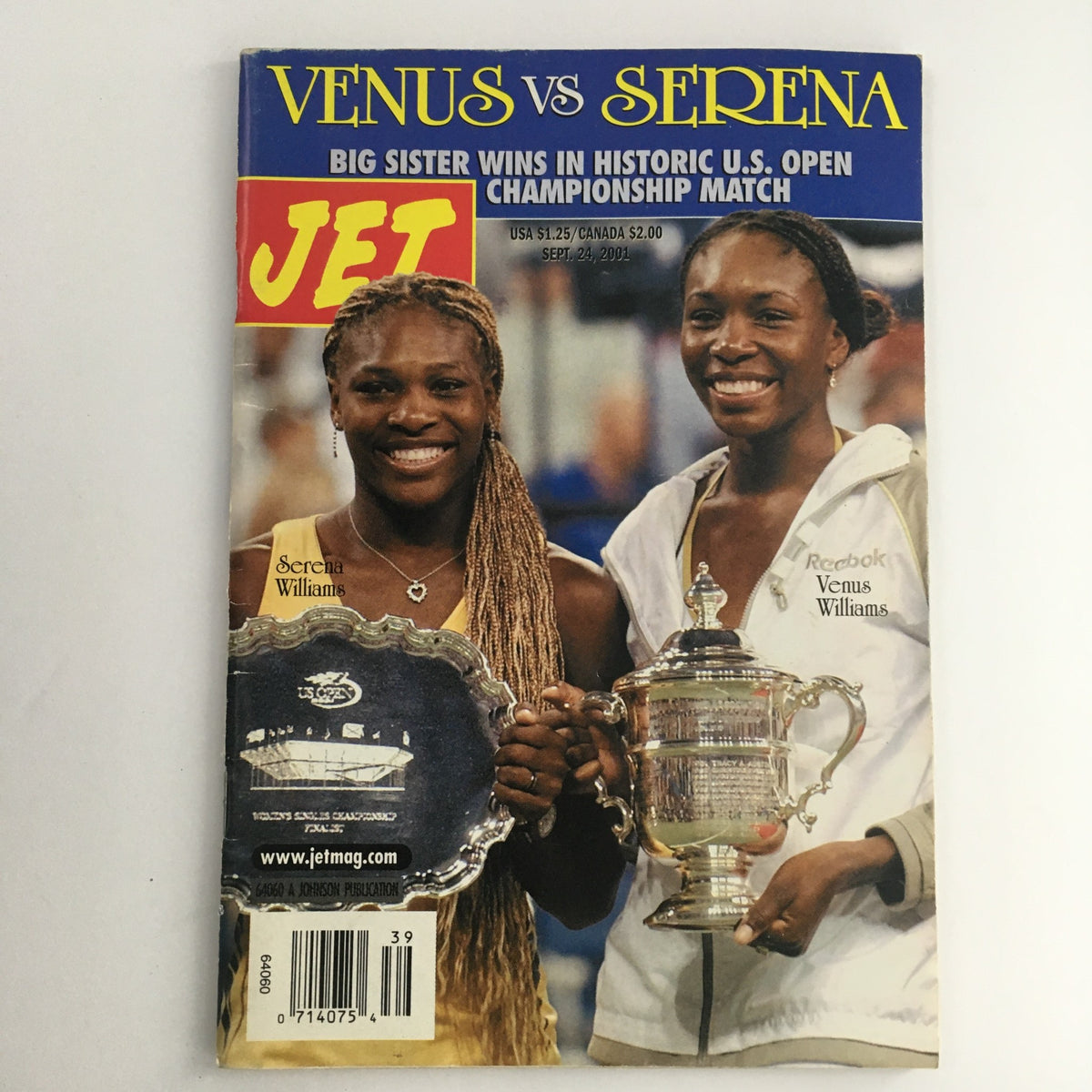 Jet Magazine cover featuring Venus Williams and Serena Williams after their historic U.S. Open Championship match, September 24, 2001. The image showcases the triumph of the Williams sisters, highlighting their iconic rivalry and achievements in tennis.