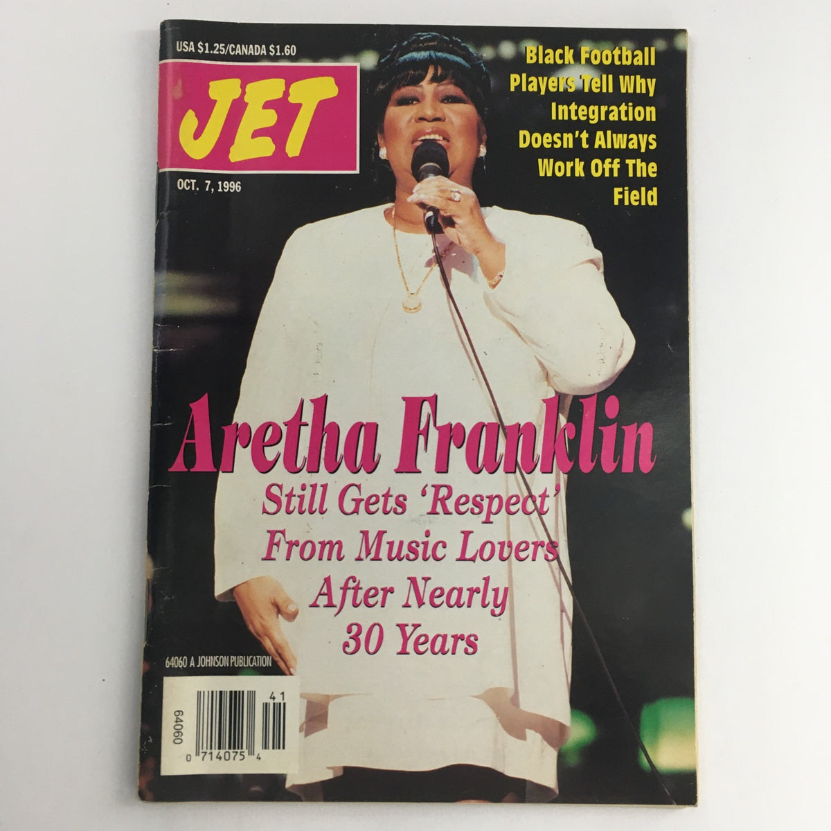 Jet Magazine cover from October 7, 1996 featuring Aretha Franklin with the title 'Aretha Franklin Still Gets Respect From Music Lovers', showcasing her impact on the music industry.
