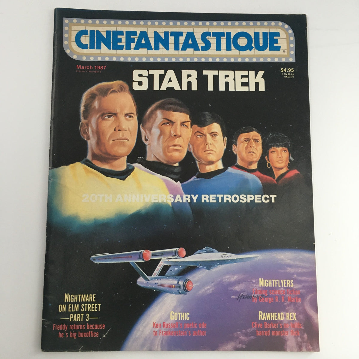 Cover of Cinefantastique March 1987 featuring Star Trek, highlighting iconic characters like Captain James T. Kirk and Spock, celebrating the show's 20th anniversary. The magazine includes articles and features related to the Star Trek franchise.