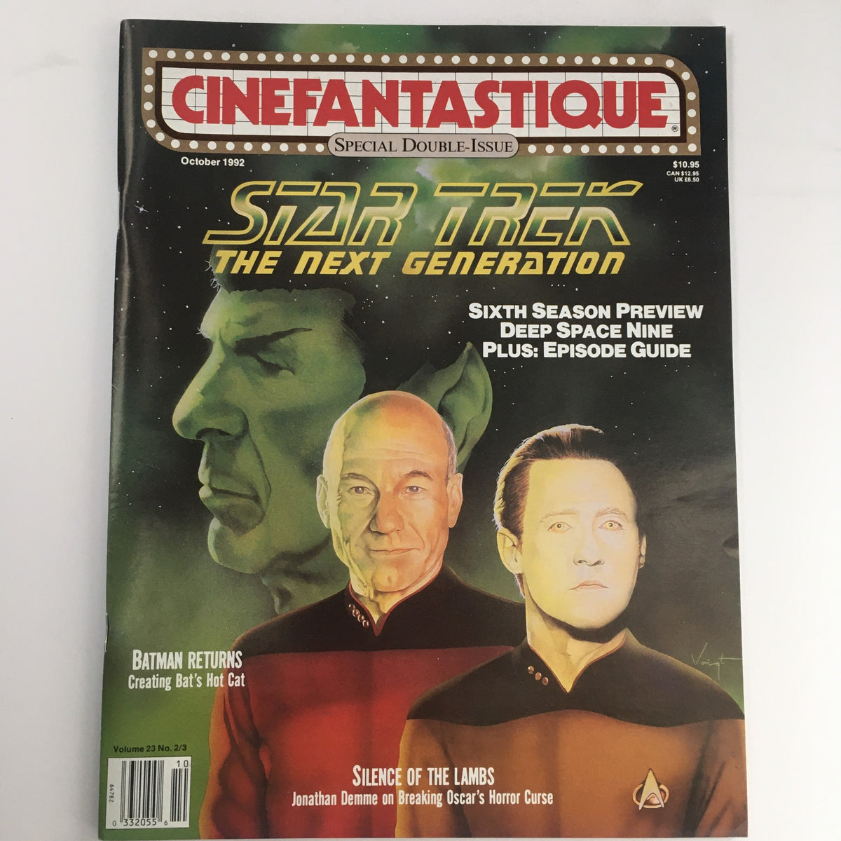Cinefantastique October 1992 Patrick Stewart in Star Trek The Next Generation VG magazine cover featuring Captain Jean-Luc Picard and Data with a detailed backdrop of outer space.