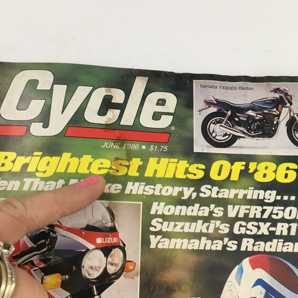 Close-up of Cycle Magazine June 1986 cover highlighting 'Brightest Hits Of ’86' and featuring Yamaha YX600S Radian and motorcycles.