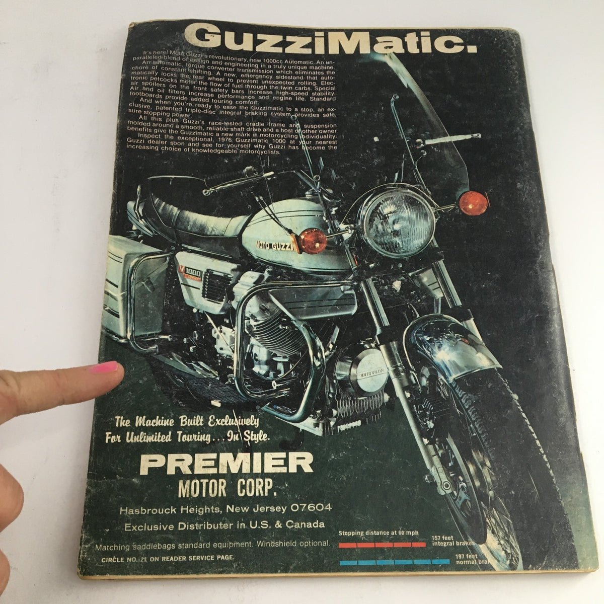 Back cover of Cycle Magazine June 1976 highlighting GuzziMatic features with a Moto Guzzi motorcycle, emphasizing classic motorcycling culture and innovation.